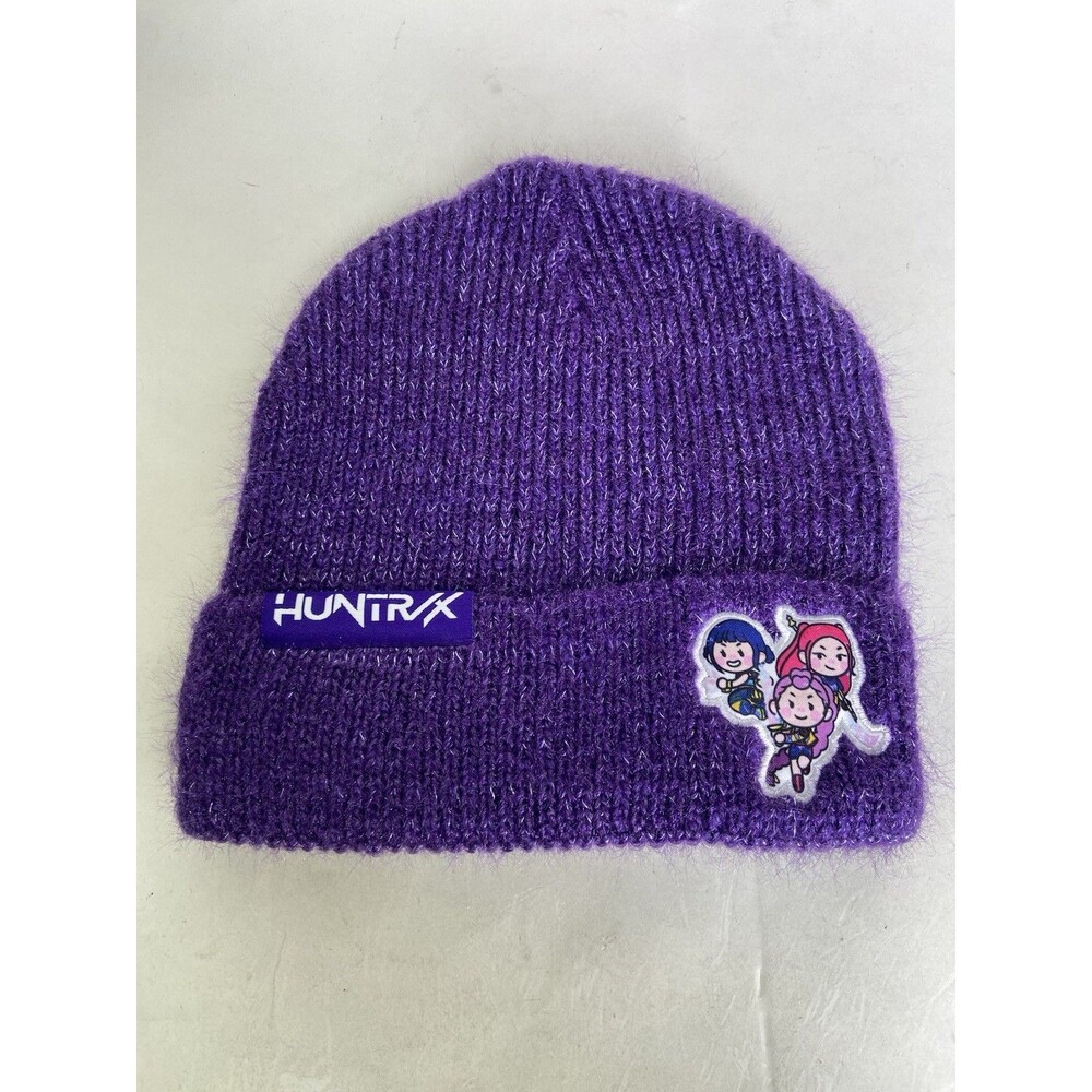 K-Pop Demon Hunters Huntrix Dark Purple Fuzzy Knit Cuff Beanie Hat Womens Girls